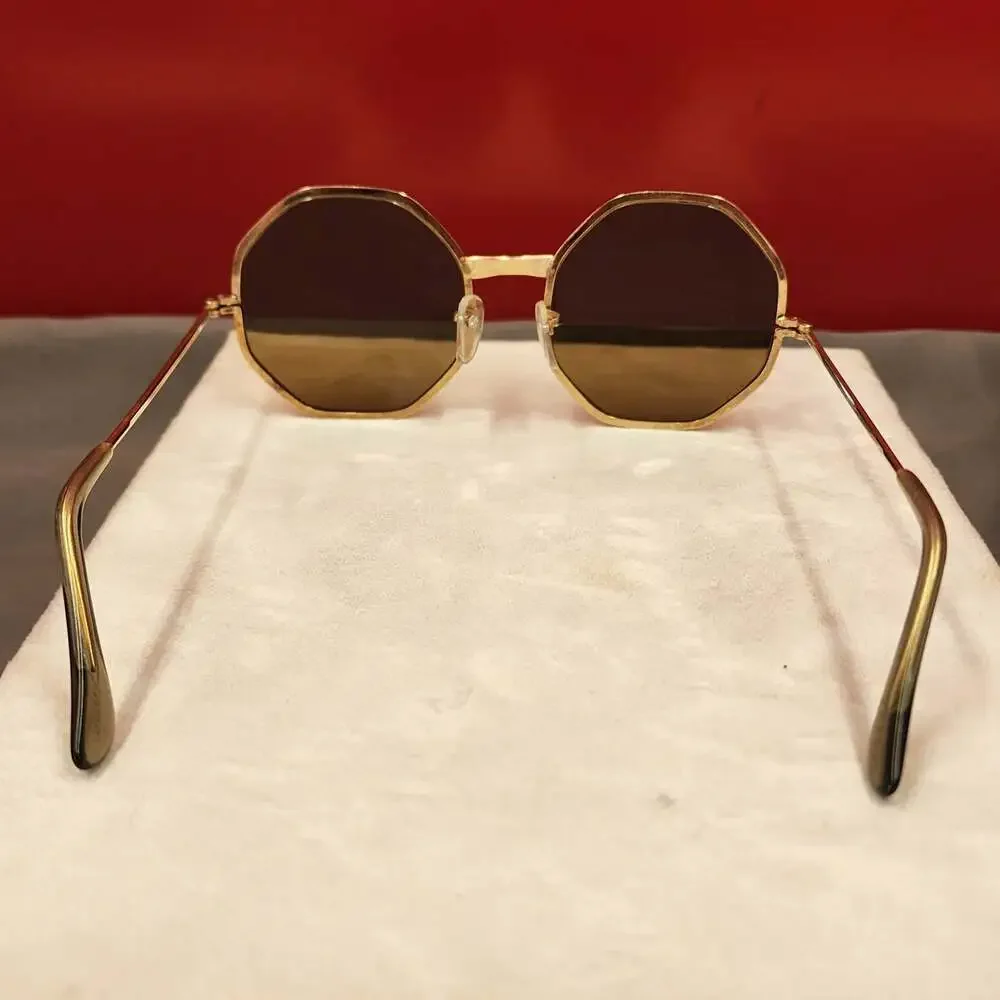 Vintage Octagon Gold Metal Frame Sunglasses with Red Trim and Brown Lenses